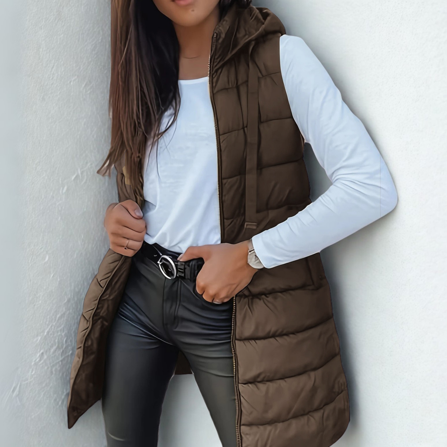 Rebecca  - Casual Sleeveless Hood Long Puffer Vest | By Julian & Claire Toronto