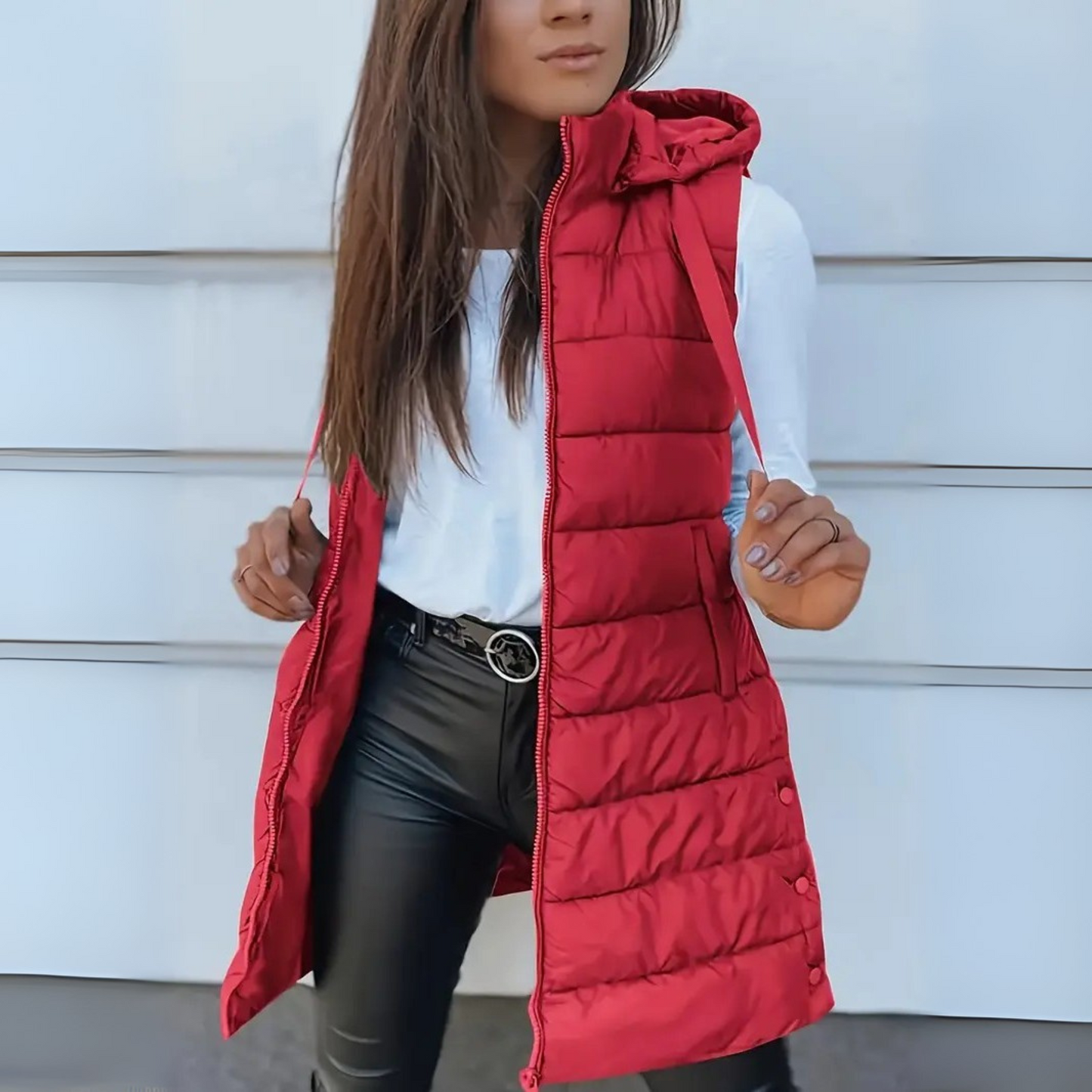 Rebecca  - Casual Sleeveless Hood Long Puffer Vest | By Julian & Claire Toronto