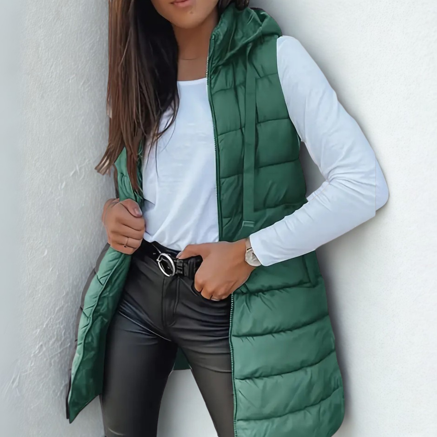 Rebecca  - Casual Sleeveless Hood Long Puffer Vest | By Julian & Claire Toronto